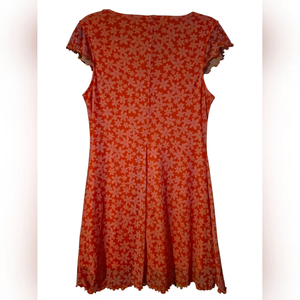 Wild Fable Orange Floral Mesh Mini Dress Size L Y2K Sheer Overlay Lined